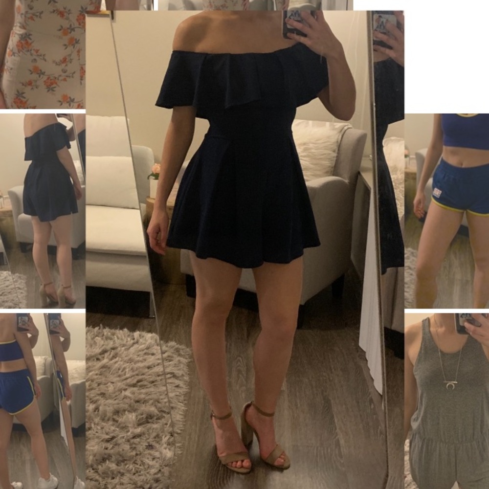 Fashion Nova Off Shoulder Romper in Navy